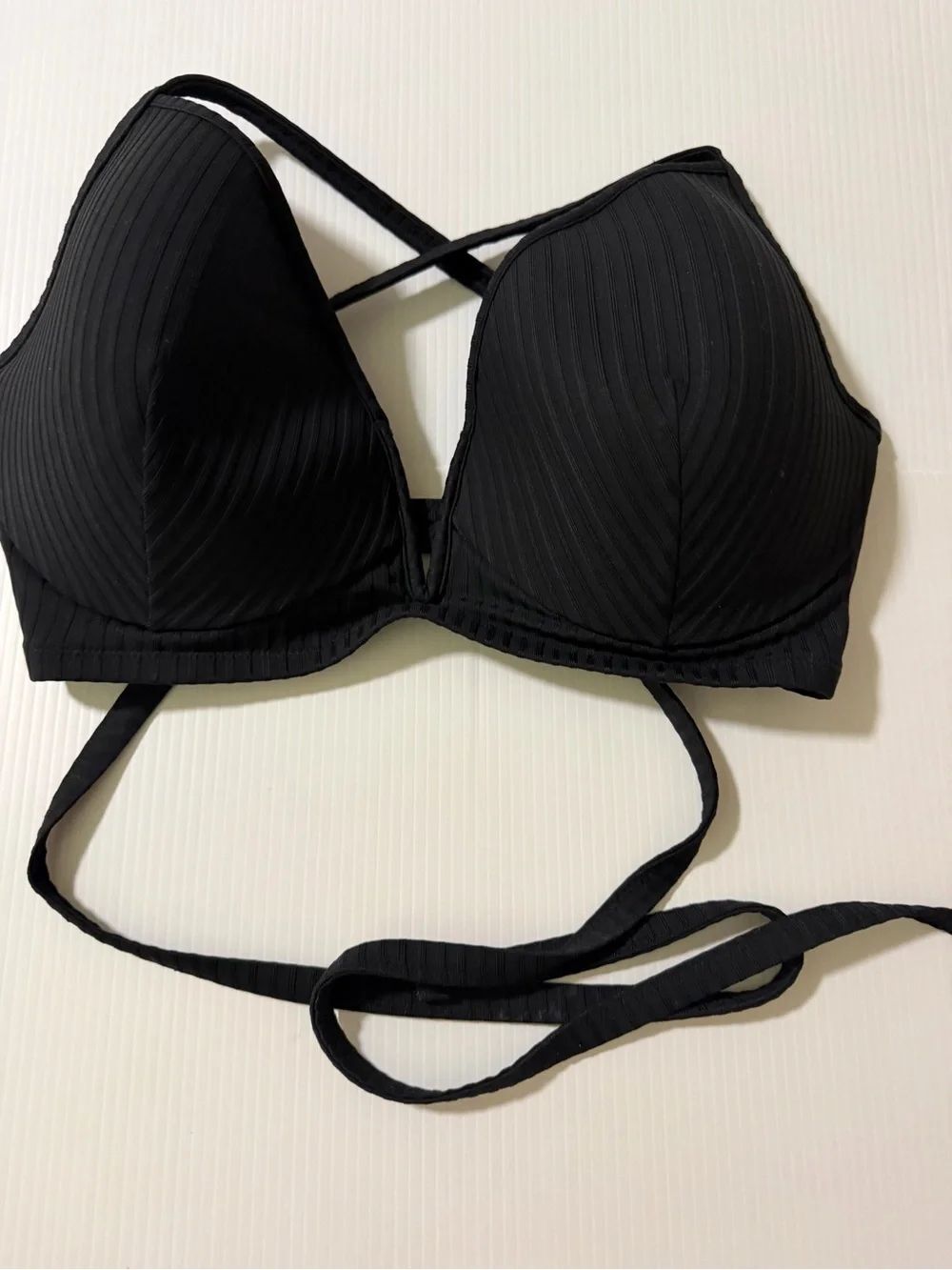 Black Ribbed Plunge padded Crisscross swim top bra plus size 36DD